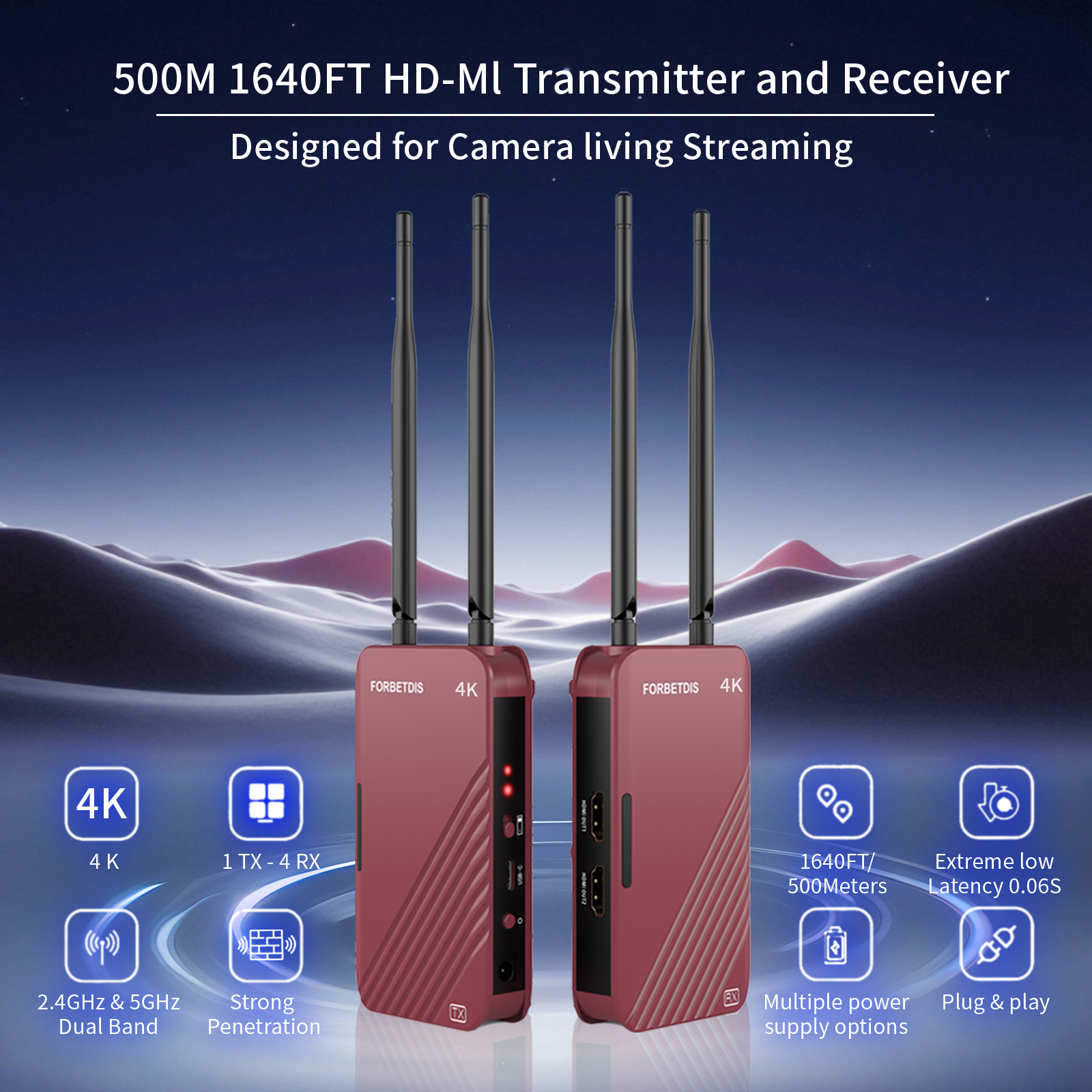 JM500PRO Wireless HDMI Video Transmitter and Receiver, 1640ft(500m), Red